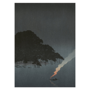 Kiefern bei Karasaki in der Nacht, japanischer Farbholzschnitt mit nächtlicher Flusslandschaft