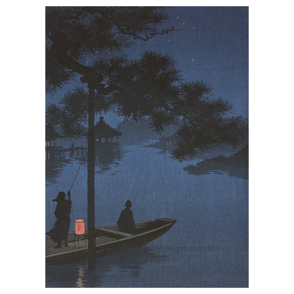 Kiefern in Shubi, japanischer Farbholzschnitt mit nächtlicher Flusslandschaft