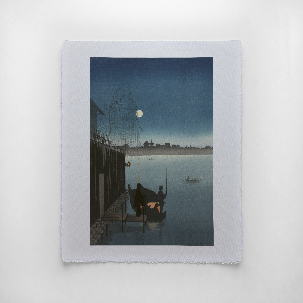 Brücke in Fukagawa bei Nacht, japanischer Farbholzschnitt mit nächtlicher Flussszene