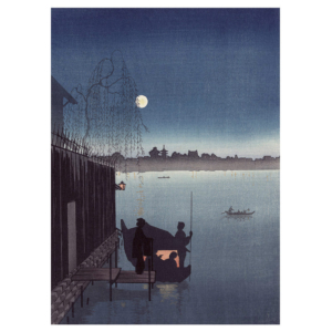 Brücke in Fukagawa bei Nacht, japanischer Farbholzschnitt mit nächtlicher Flussszene