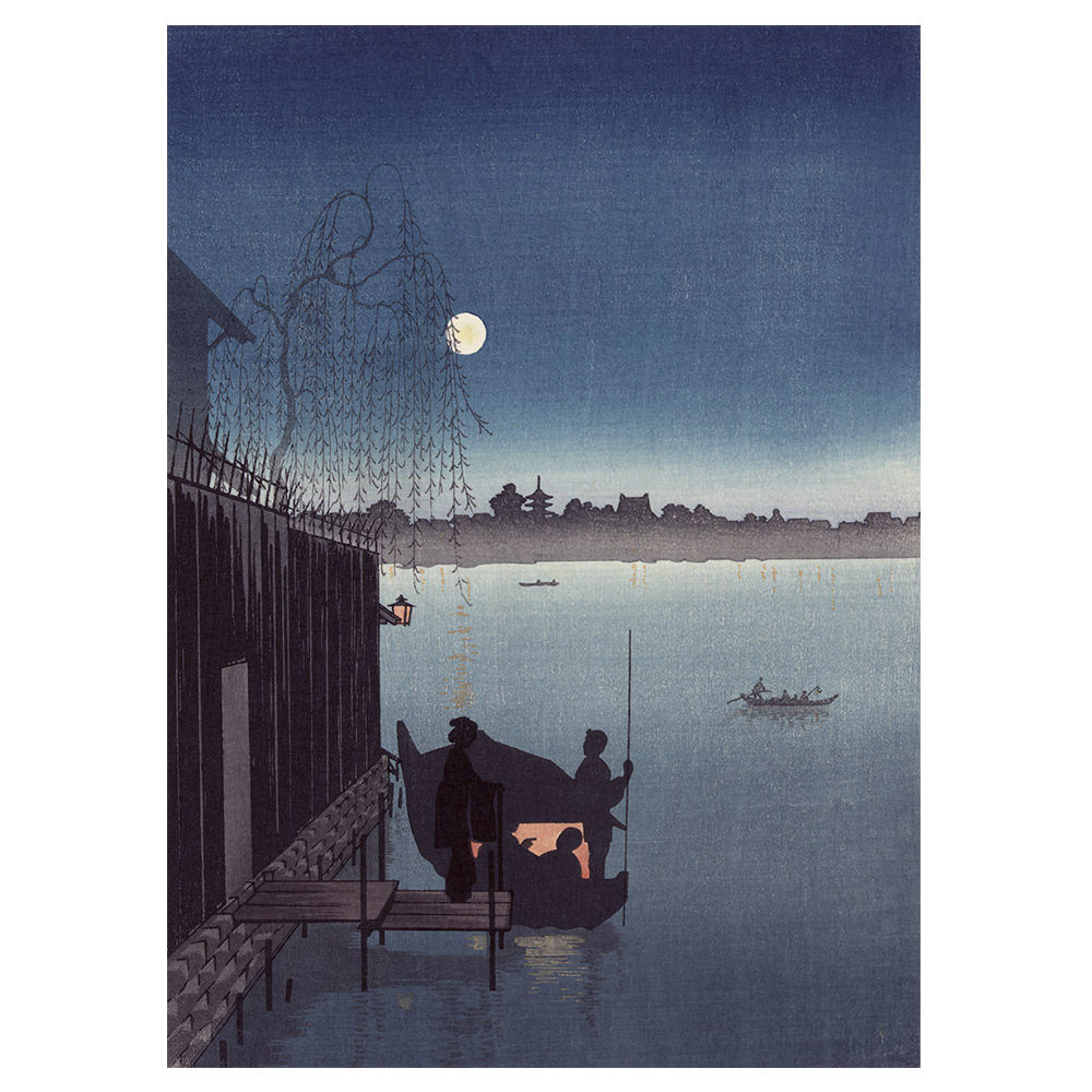 Brücke in Fukagawa bei Nacht, japanischer Farbholzschnitt mit nächtlicher Flussszene