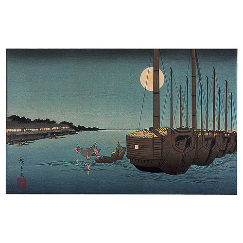 Utagawa Hiroshige – Schiffe im Mondlicht, japanischer Holzschnitt