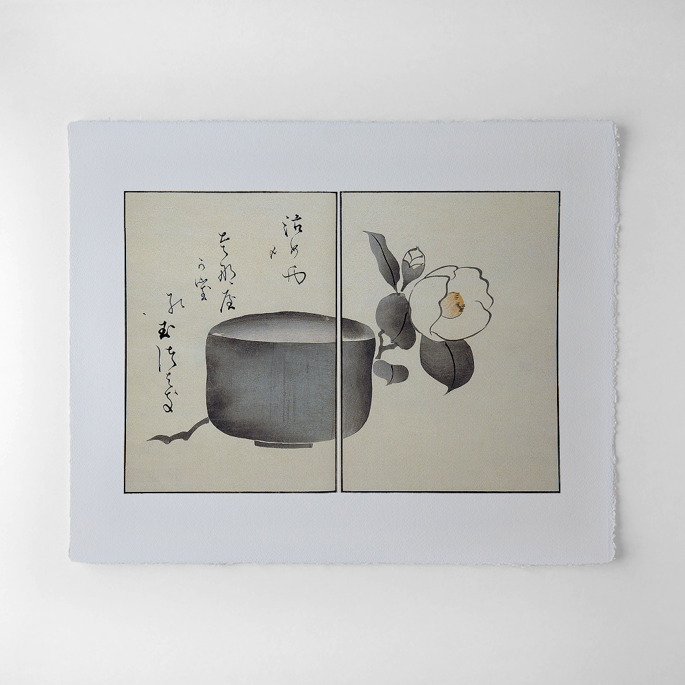 Sakai Hōitsu – Teeschale mit Kamelie, japanischer Farbholzschnitt aus dem Album Ōson gafu