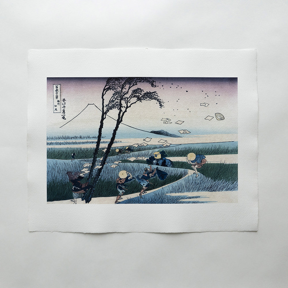 Katsushika Hokusai – Starker Wind in Ejiri, japanischer Farbholzschnitt aus der Serie Sechsunddreißig Ansichten des Berges Fuji