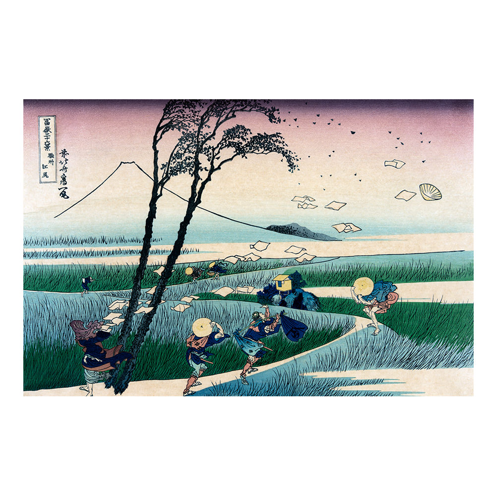 Katsushika Hokusai – Starker Wind in Ejiri, japanischer Farbholzschnitt aus der Serie Sechsunddreißig Ansichten des Berges Fuji