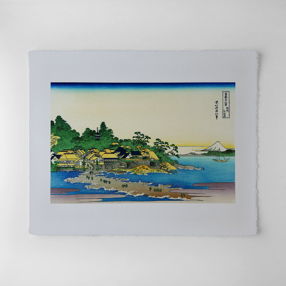 Katsushika Hokusai – Enoshima in der Provinz Sagami, japanischer Farbholzschnitt aus der Serie Sechsunddreißig Ansichten des Berges Fuji