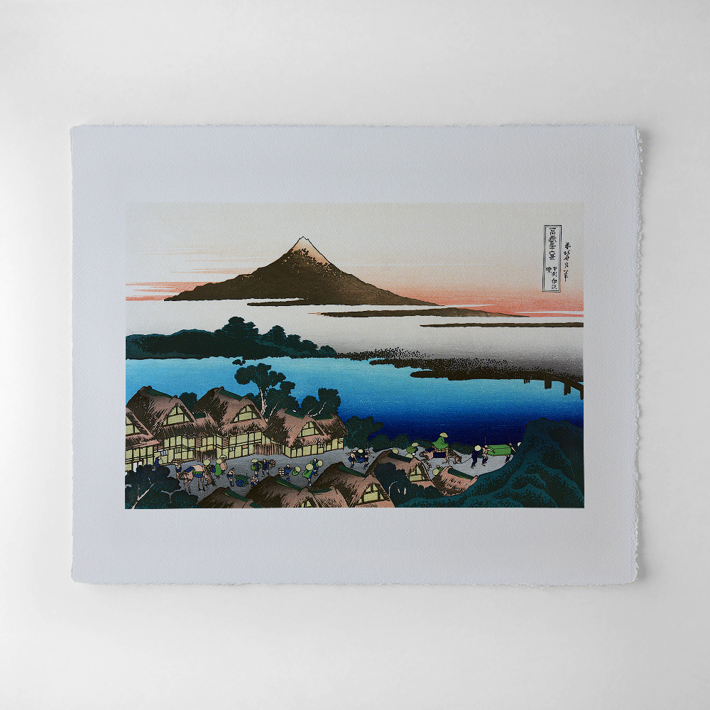 Katsushika Hokusai – Sonnenuntergang über Isawa, japanischer Farbholzschnitt aus der Serie Sechsunddreißig Ansichten des Berges Fuji