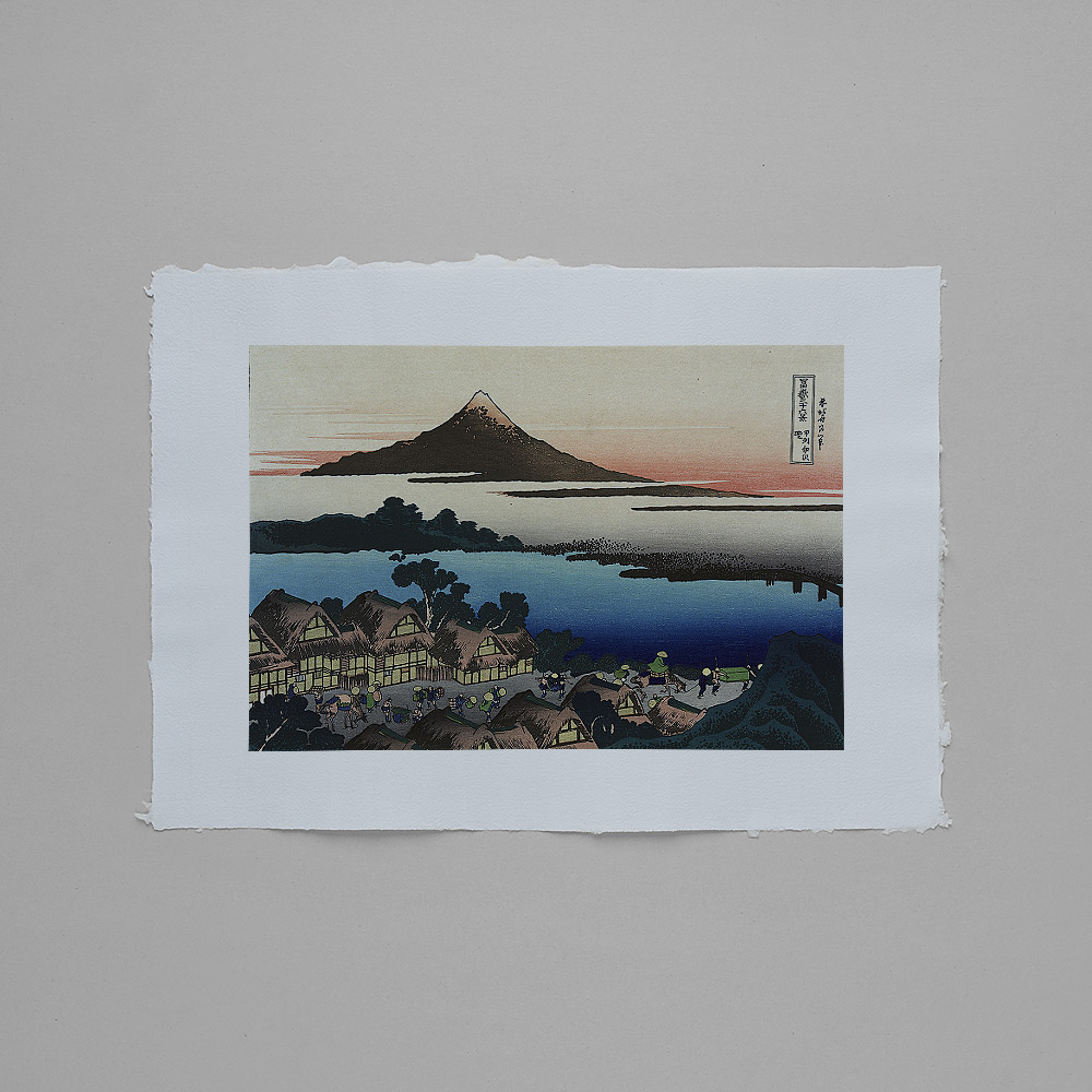 Katsushika Hokusai – Sonnenuntergang über Isawa, japanischer Farbholzschnitt aus der Serie Sechsunddreißig Ansichten des Berges Fuji