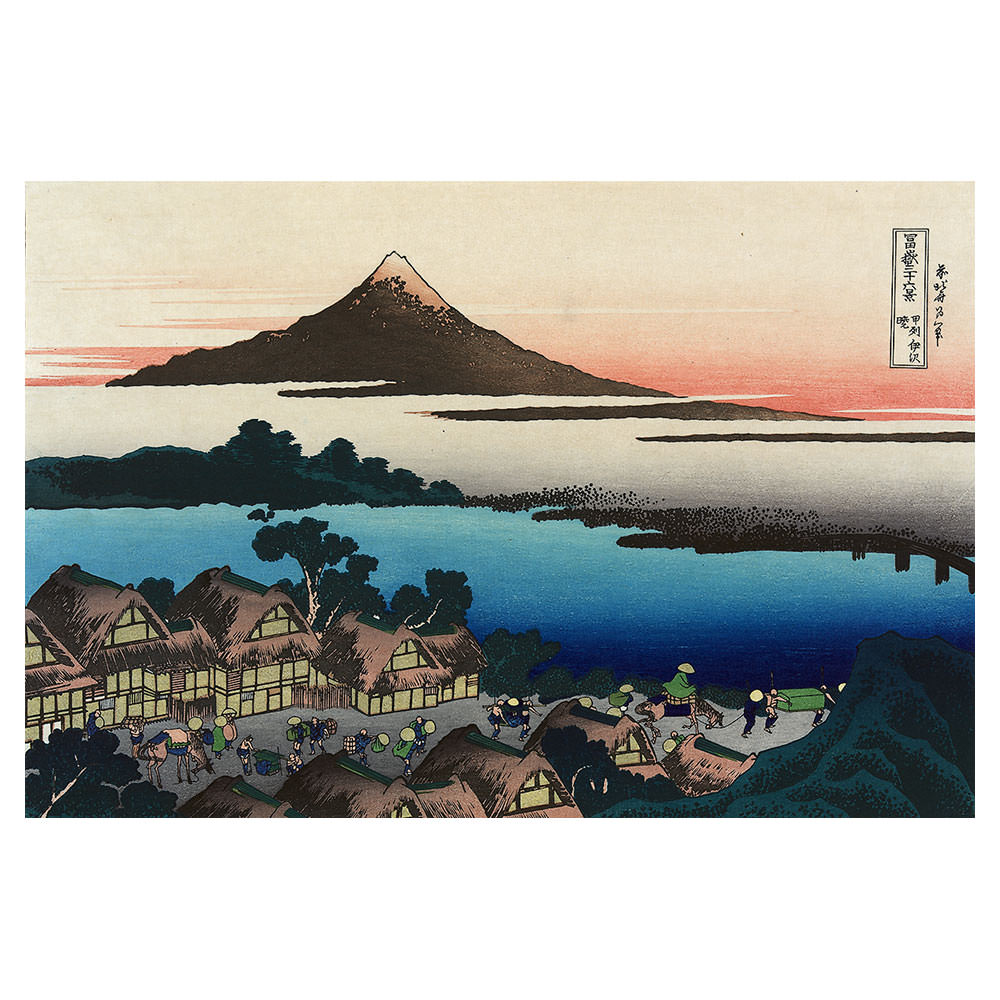 Katsushika Hokusai – Sonnenuntergang über Isawa, japanischer Farbholzschnitt aus der Serie Sechsunddreißig Ansichten des Berges Fuji