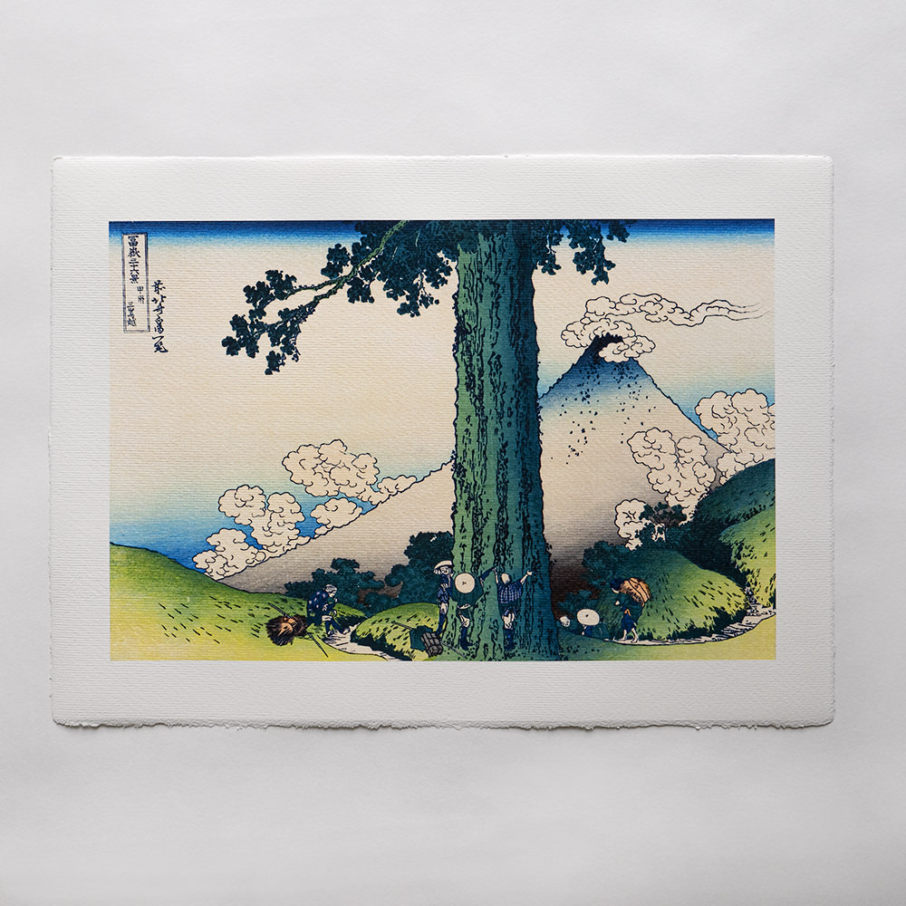 Katsushika Hokusai – Mishima-Pass in der Provinz Kai, japanischer Farbholzschnitt aus der Serie Sechsunddreißig Ansichten des Berges Fuji