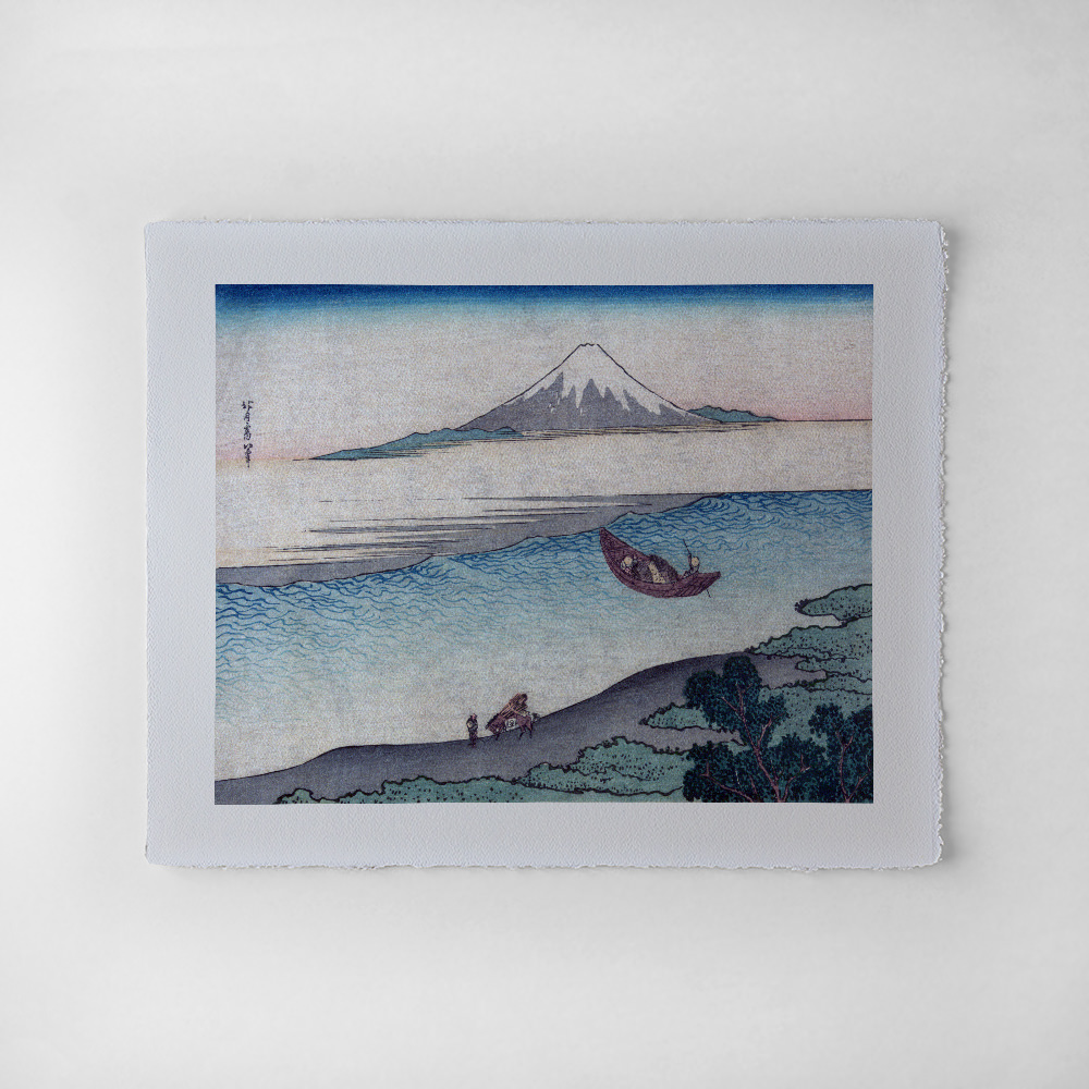 Katsushika Hokusai – Pilger am Fluss mit dem Berg Fuji, japanischer Farbholzschnitt mit Landschaft und Fuji