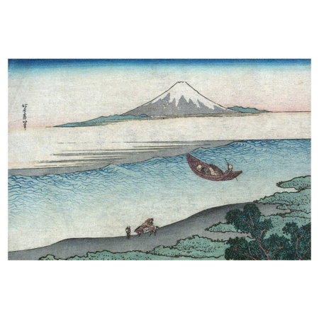 Katsushika Hokusai – Pilger am Fluss mit dem Berg Fuji, japanischer Farbholzschnitt mit Landschaft und Fuji