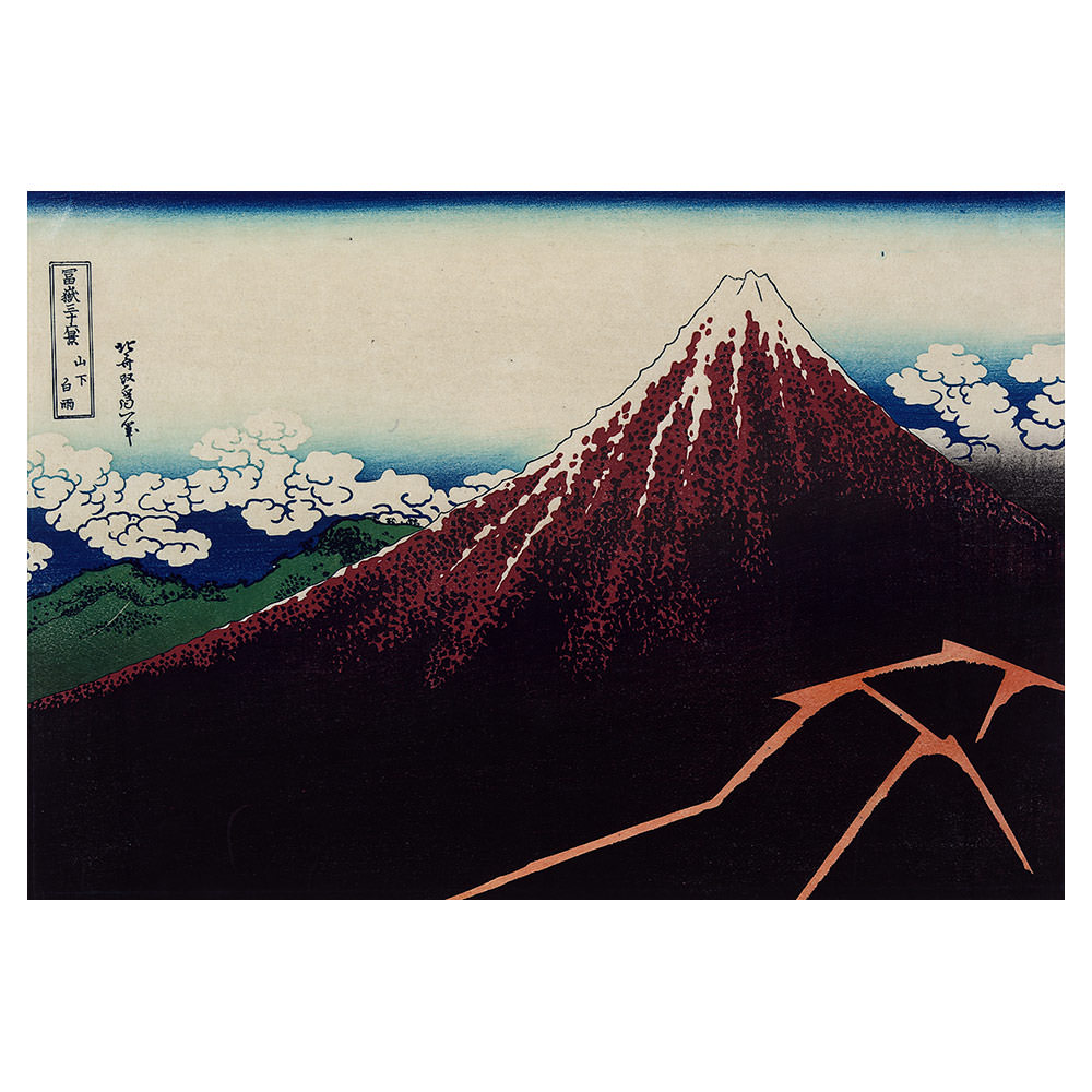 Katsushika Hokusai – Regenschauer unter dem Gipfel, japanischer Farbholzschnitt aus der Serie Sechsunddreißig Ansichten des Berges Fuji