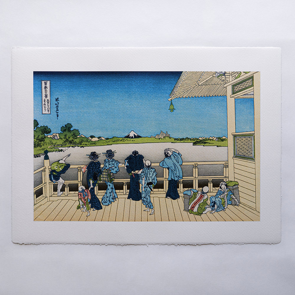 Katsushika Hokusai – Sazai-Halle im Tempel der Fünfhundert Rakan, japanischer Farbholzschnitt aus der Serie Sechsunddreißig Ansichten des Berges Fuji