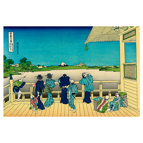 Katsushika Hokusai – Sazai-Halle im Tempel der Fünfhundert Rakan, japanischer Farbholzschnitt aus der Serie Sechsunddreißig Ansichten des Berges Fuji