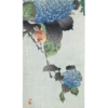 Vogel auf einer Hortensienblüte, japanischer Farbholzschnitt mit Naturmotiv