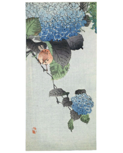 Vogel auf einer Hortensienblüte, japanischer Farbholzschnitt mit Naturmotiv