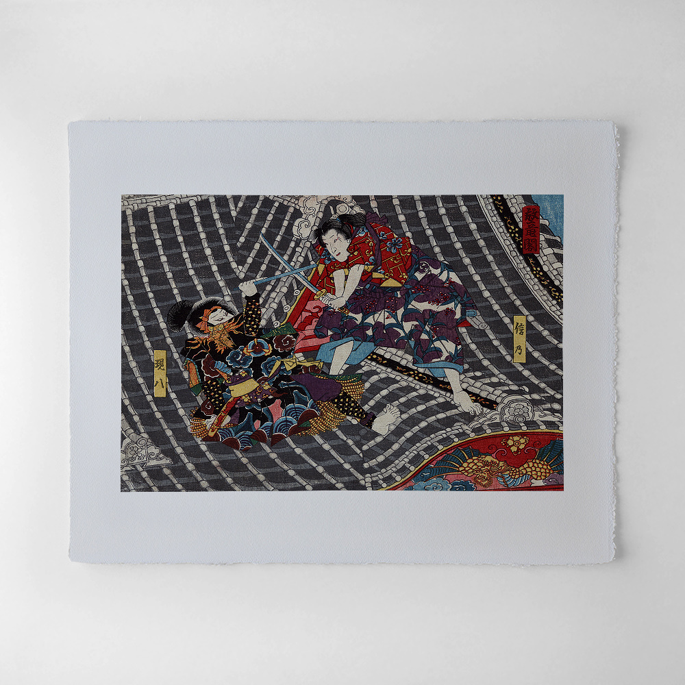 Hōryūkaku, japanischer Farbholzschnitt mit dramatischer Kampfszene auf einem Dach