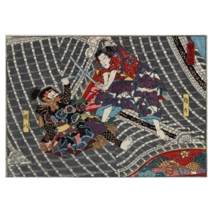 Hōryūkaku, japanischer Farbholzschnitt mit dramatischer Kampfszene auf einem Dach