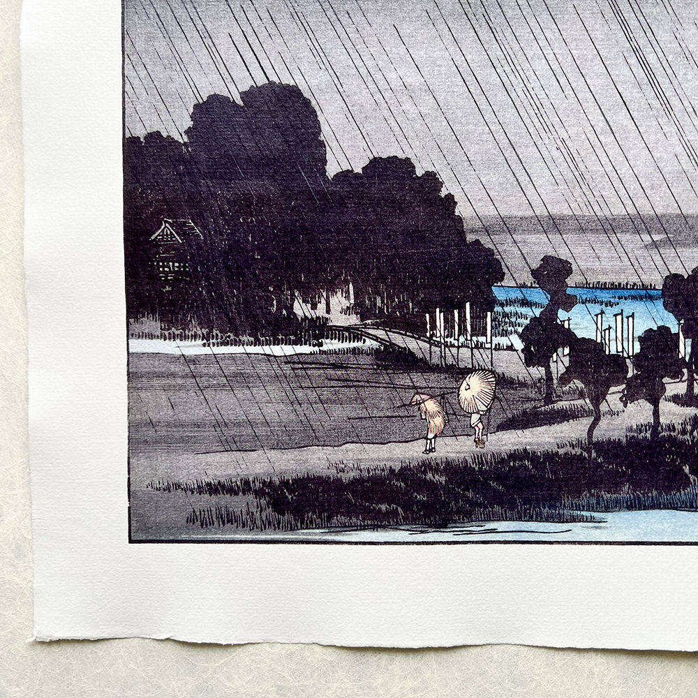 Utagawa Hiroshige – Abendregen beim Azuma-Schrein, japanischer Holzschnitt