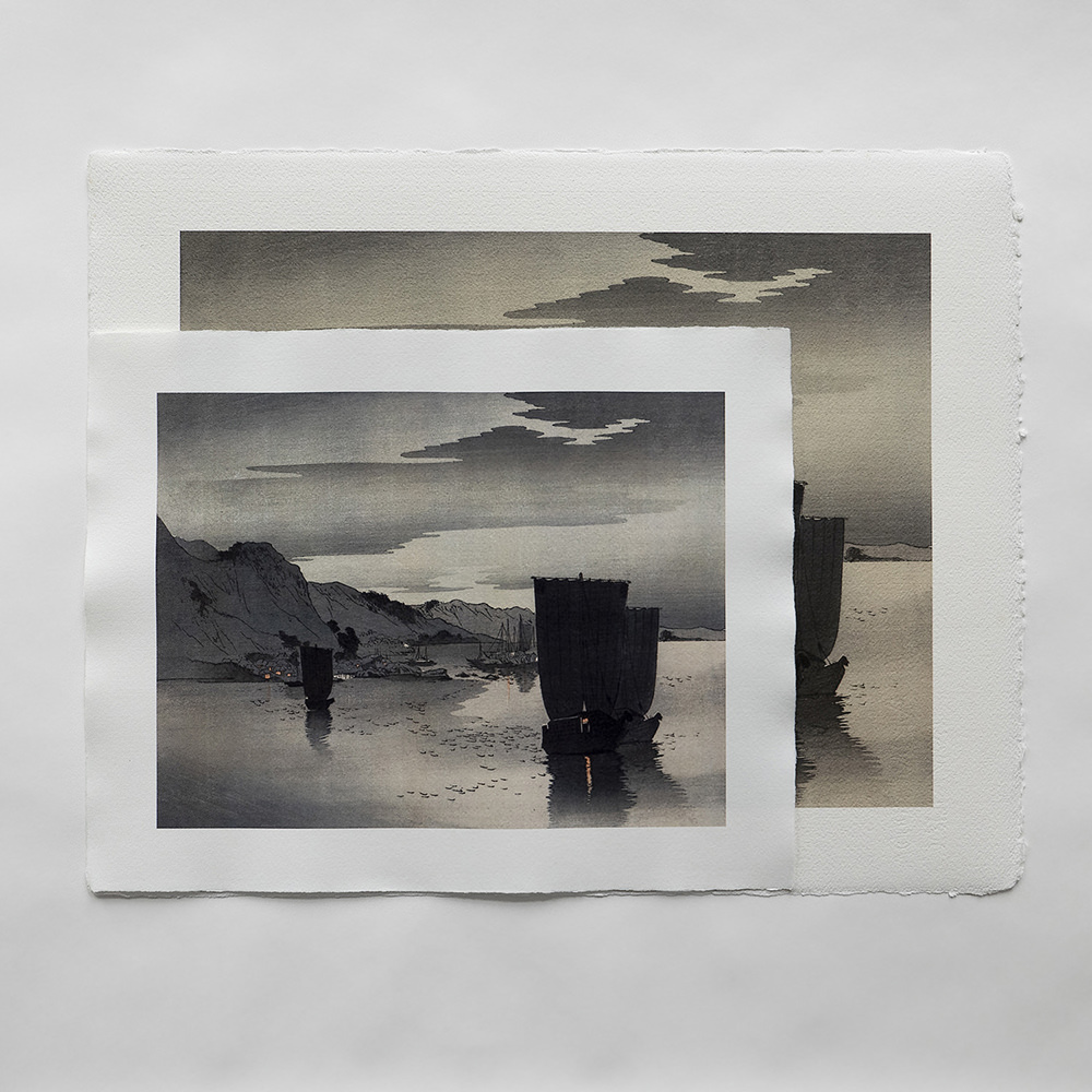 Ohara Koson – Abendliche Boote, japanischer Farbholzschnitt im Stil shin-hanga