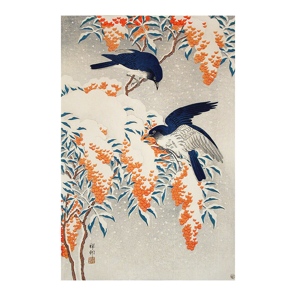 Ohara Koson – Nandina mit Fliegenschnäppern, japanischer Farbholzschnitt im Stil shin-hanga