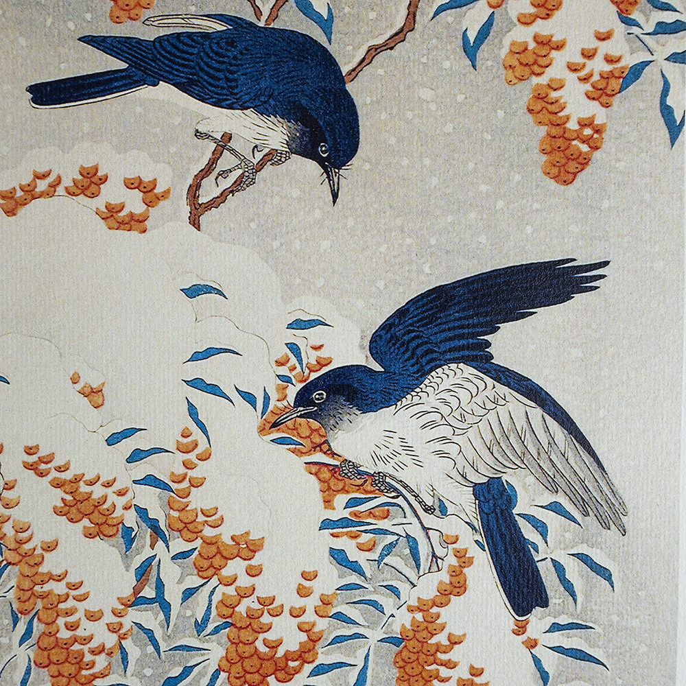 Ohara Koson – Nandina mit Fliegenschnäppern, japanischer Farbholzschnitt im Stil shin-hanga
