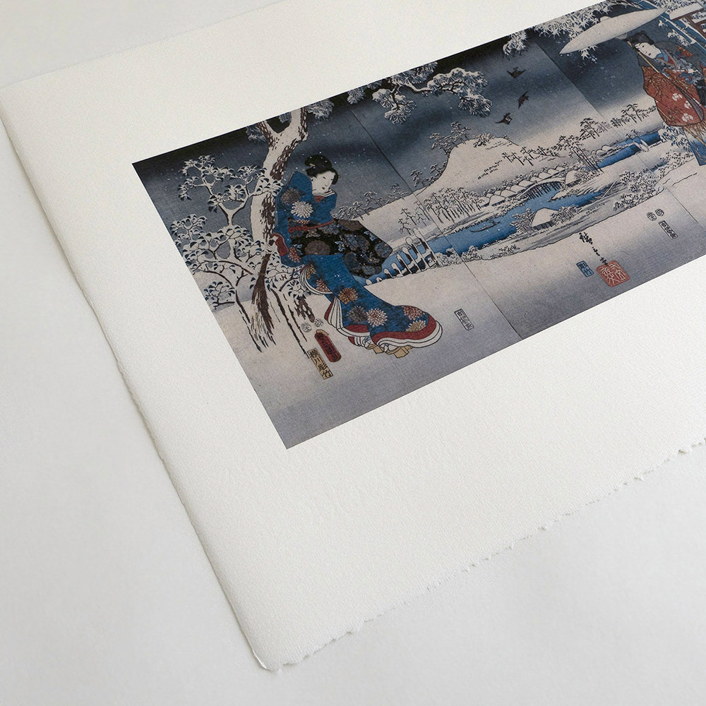 Kunisada & Hiroshige – Winterszene aus der Genji-Erzählung, japanischer Farbholzschnitt als Triptychon