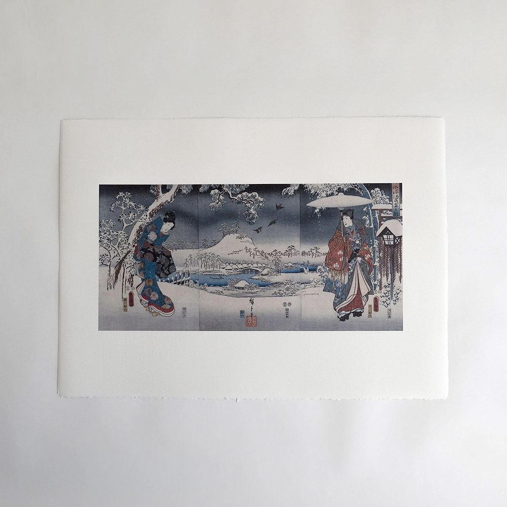 Kunisada & Hiroshige – Winterszene aus der Genji-Erzählung, japanischer Farbholzschnitt als Triptychon