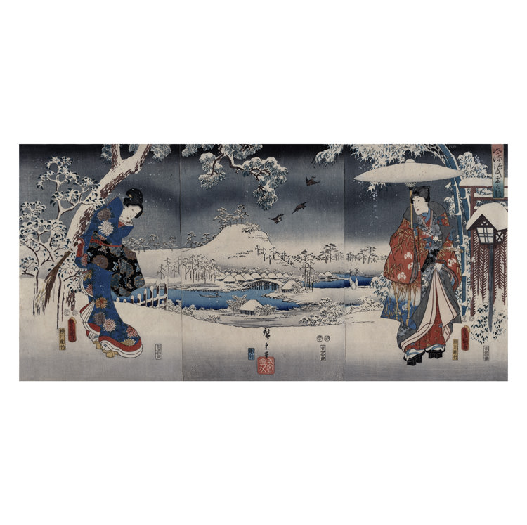 Kunisada & Hiroshige – Winterszene aus der Genji-Erzählung, japanischer Farbholzschnitt als Triptychon