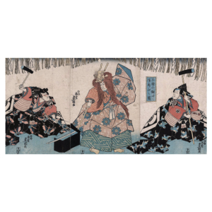 Utagawa Kunisada – Der Schwertschmied, japanischer Farbholzschnitt als Triptychon im Genre yakusha-e