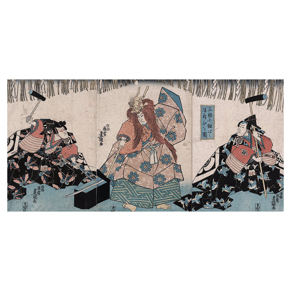 Utagawa Kunisada – Der Schwertschmied, japanischer Farbholzschnitt als Triptychon im Genre yakusha-e