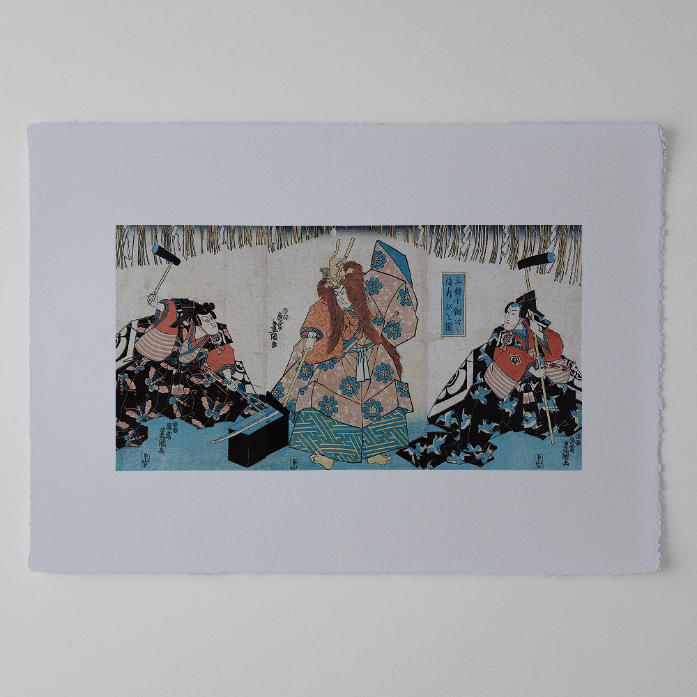 Utagawa Kunisada – Der Schwertschmied, japanischer Farbholzschnitt als Triptychon im Genre yakusha-e