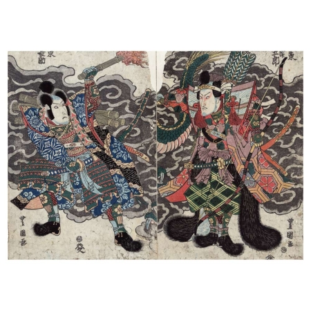 Utagawa Toyokuni – Bandō Mitsugorō und Bandō Minosuke, japanischer Farbholzschnitt im Genre yakusha-e