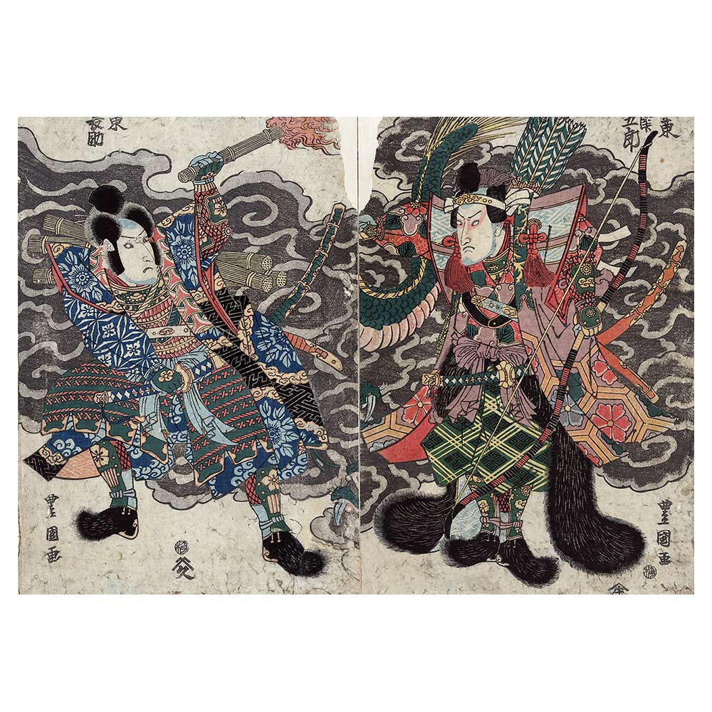 Utagawa Toyokuni – Bandō Mitsugorō und Bandō Minosuke, japanischer Farbholzschnitt im Genre yakusha-e