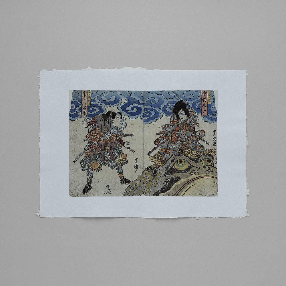 Utagawa Toyokuni – Nakamura Karoku und Ichikawa Yaozō, japanischer Farbholzschnitt im Genre yakusha-e