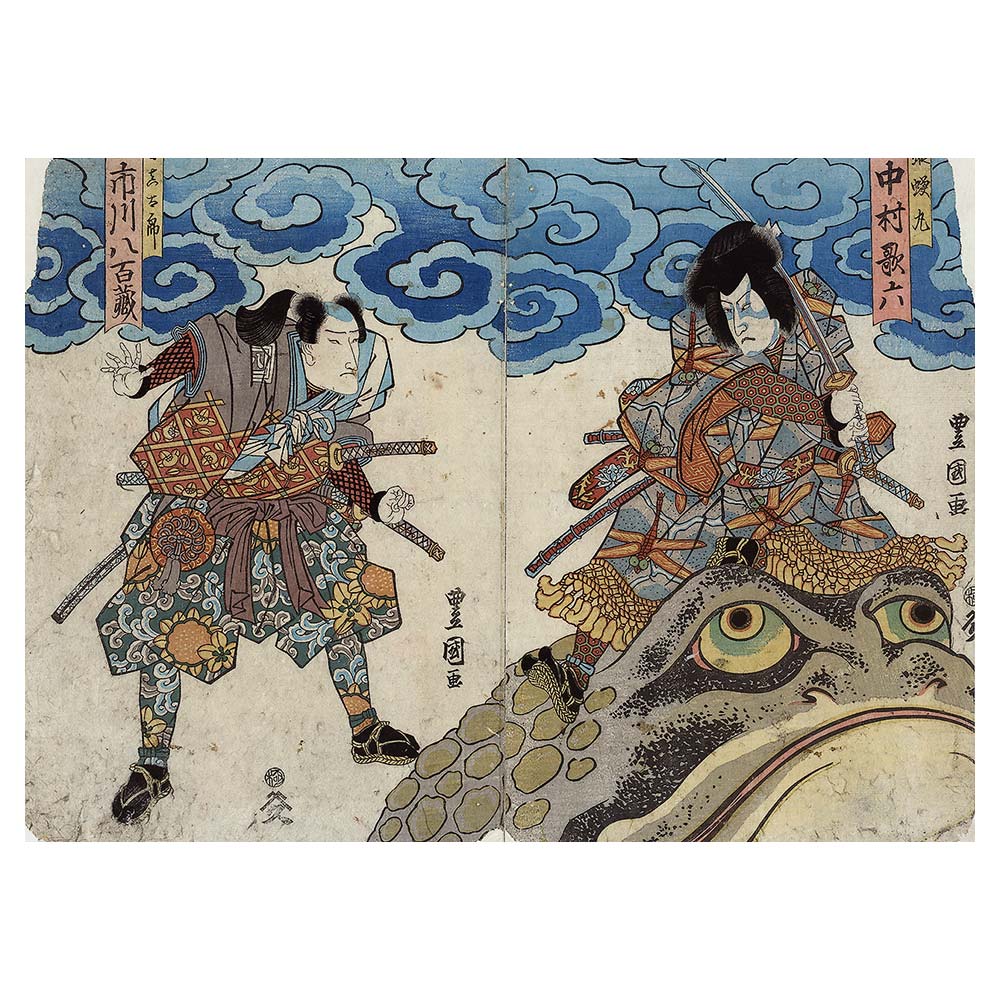 Utagawa Toyokuni – Nakamura Karoku und Ichikawa Yaozō, japanischer Farbholzschnitt im Genre yakusha-e