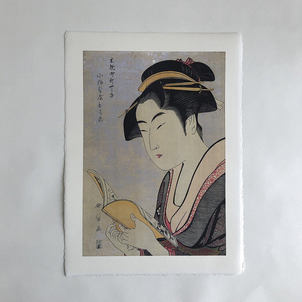 Kitagawa Utamaro – Mädchen mit Buch, japanischer Farbholzschnitt im Stil des ukiyo-e