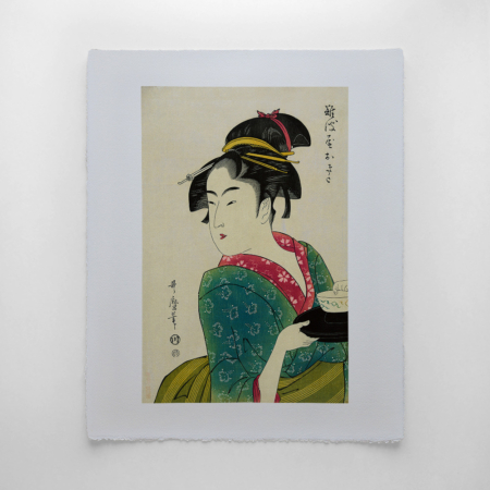 Kitagawa Utamaro – Okita, japanischer Farbholzschnitt im Genre bijinga