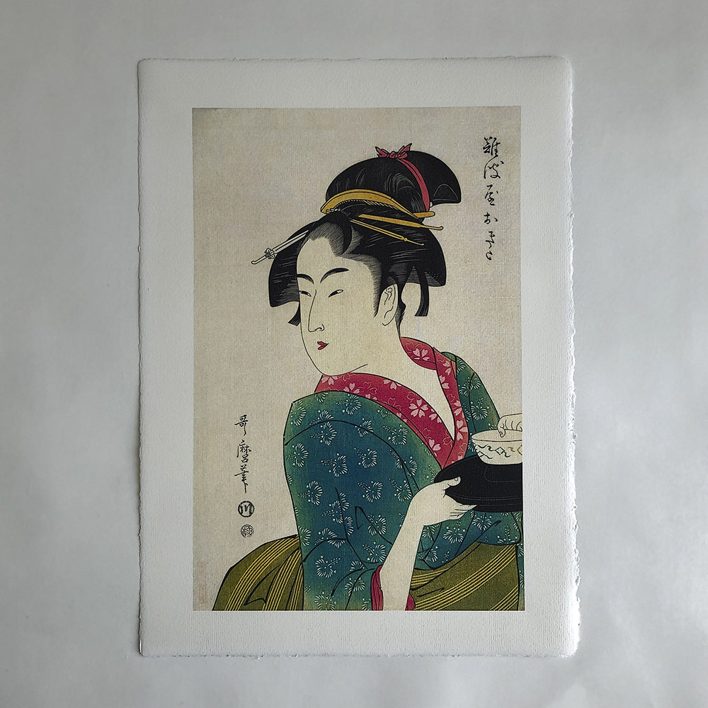 Kitagawa Utamaro – Okita, japanischer Farbholzschnitt im Genre bijinga
