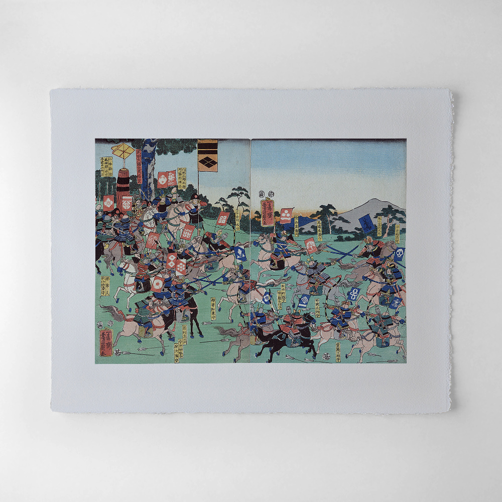 Utagawa Yoshikazu – Schlacht bei Kawanakajima, japanischer Farbholzschnitt im Genre musha-e