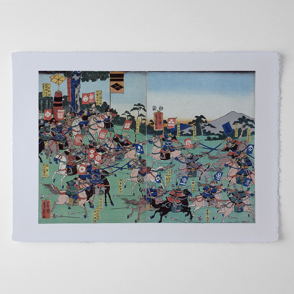 Utagawa Yoshikazu – Schlacht bei Kawanakajima, japanischer Farbholzschnitt im Genre musha-e