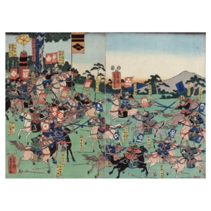 Utagawa Yoshikazu – Schlacht bei Kawanakajima, japanischer Farbholzschnitt im Genre musha-e