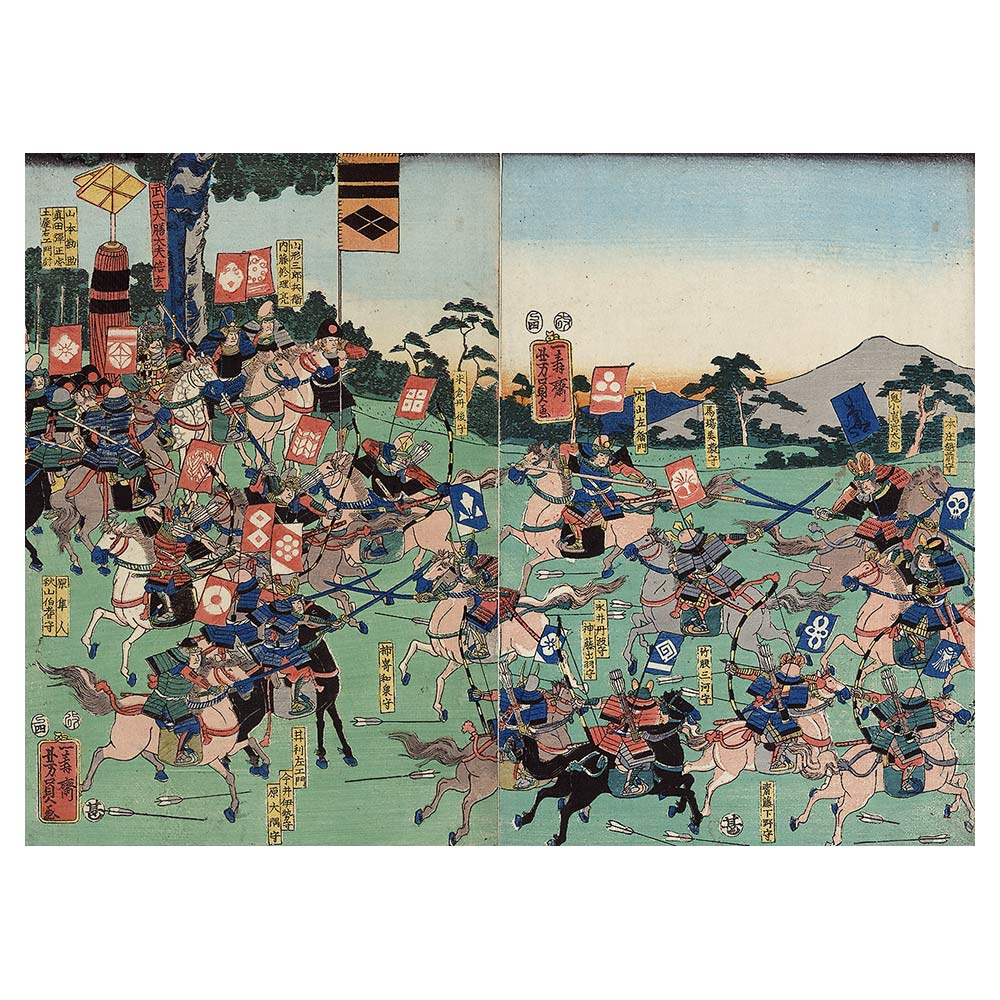 Utagawa Yoshikazu – Schlacht bei Kawanakajima, japanischer Farbholzschnitt im Genre musha-e