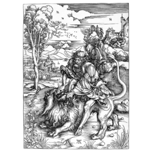 Albrecht Dürer Samson kämpft mit dem Löwen Kupferstich biblischer Kampf Löwe