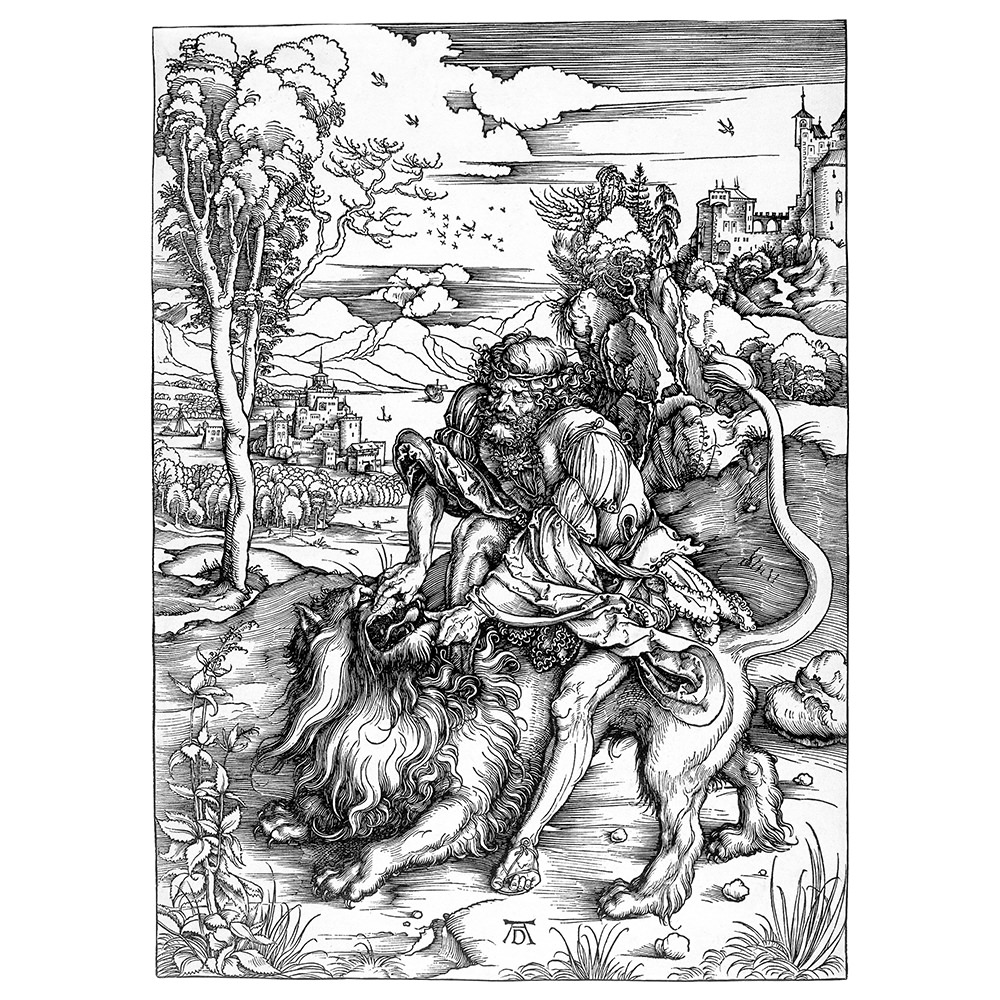 Albrecht Dürer Samson kämpft mit dem Löwen Kupferstich biblischer Kampf Löwe