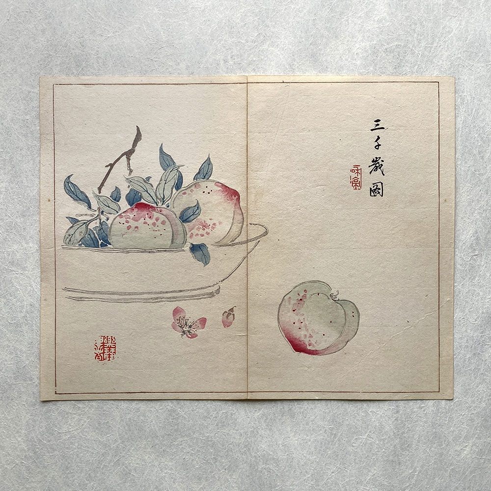 Taki Katei umeboshi in der schale – japanischer Farbholzschnitt aus der Meiji-Zeit (1894)