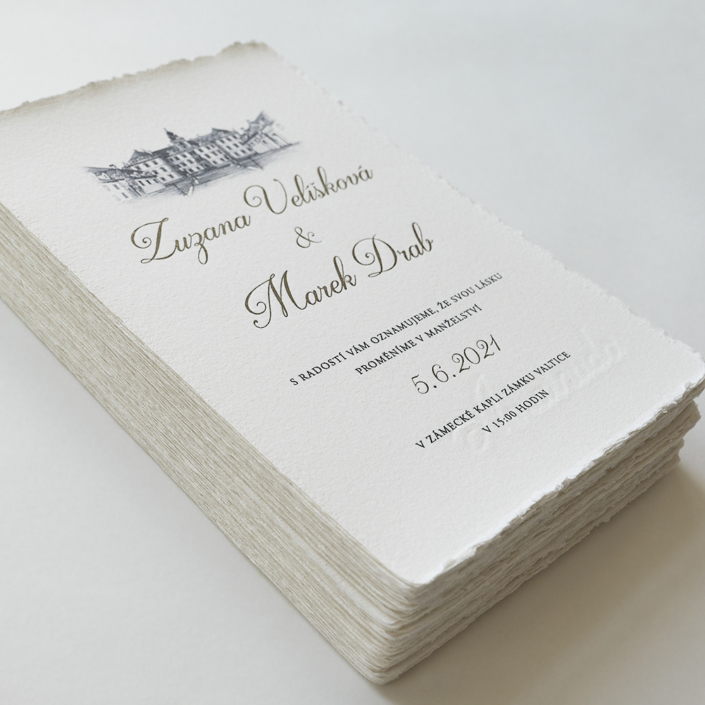Hochzeitseinladung im Letterpress auf handgeschöpftem Papier mit Umschlägen und Karten
