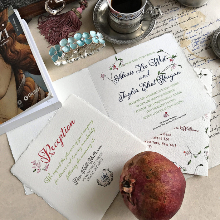 Hochzeitseinladung Tuscany aus handgeschöpftem Büttenpapier mit floralen Motiven