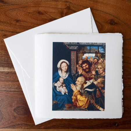 Weihnachtskarte aus Büttenpapier mit der Anbetung der Könige von Quinten Massys, daneben der passende Umschlag.